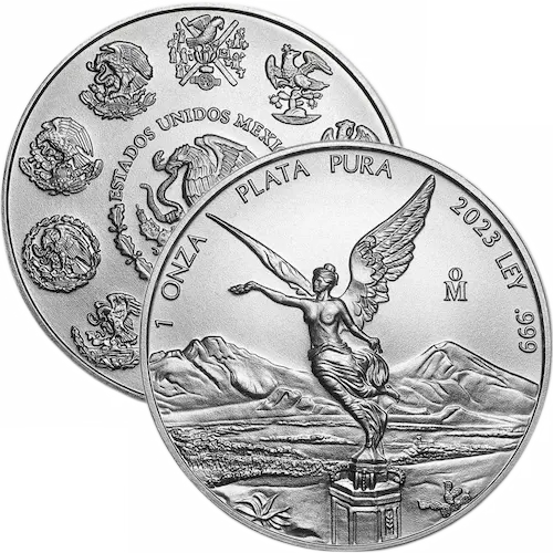 The 2023 1 oz Mexican .999 Silver Libertad obverse and reverse side overlapping.