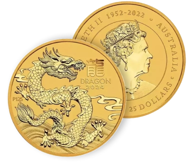 A Gold coin front and reverse of Australian version The Year of the Dragon Serie