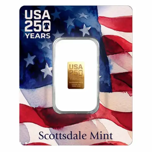 1/100th oz Scottsdale Mint USA 250 Years .9999 Gold Bar in Certi-Lock Assay