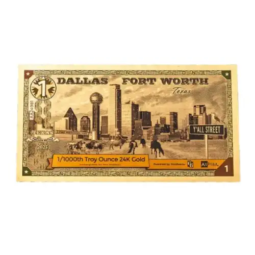 1 Dallas Fort Worth TX GoldBack Note 1/1000th oz .999 Gold