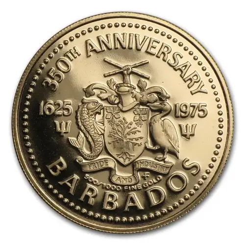 1975 Barbados $100 350th Anniversary Gold Coin
