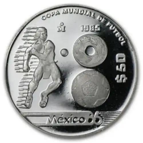1985-1986 MEXICO FIFA World Cup Football Soccer Proof Silver 50 Peso Coin