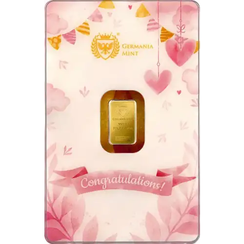 1g Germania Mint Congratulations Newborn Baby Girl .9999 Gold Bar in Assay Card