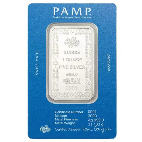 1oz PAMP Suisse Star of David.999 Silver Proof-like Bar in CertiPAMP Card