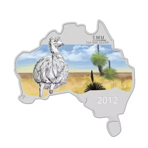 2012 1oz Australia Perth Mint EMU Australian Map Shaped .999 Silver Coin