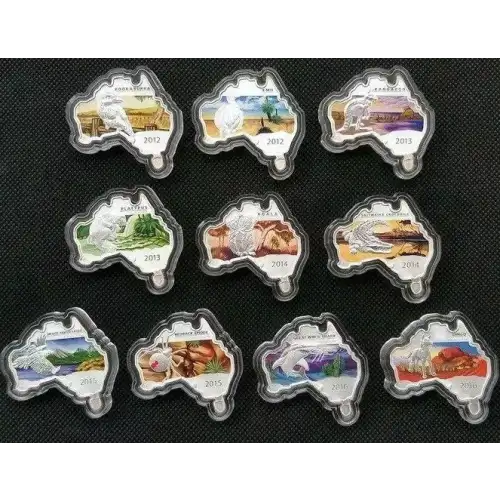 2012-2016 10 x 1oz Australia Perth Mint FULL SET Australian Map Shaped .999 Silver Coin Set