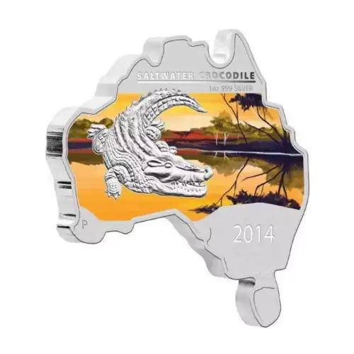2014 1oz Australia Perth Mint SALTWATER CROCODILE Australian Map Shaped .999 Silver Coin