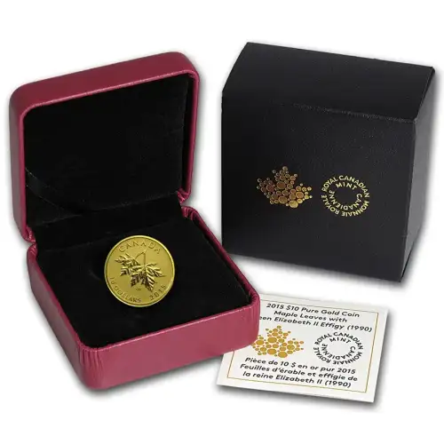 2015 1/4 oz Canada Maple Leaves 1990 Queen Effigy .9999 Gold RP Coin w/ OGP