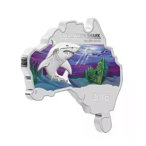 2016 1oz Australia Perth Mint GREAT WHITE SHARK Australian Map Shaped .999 Silver Coin