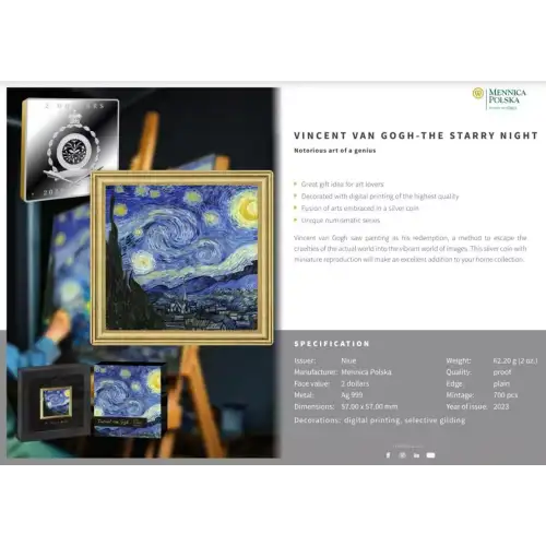2023 Niue The Starry Night by Vincent Van Gogh 2 oz Silver Coin