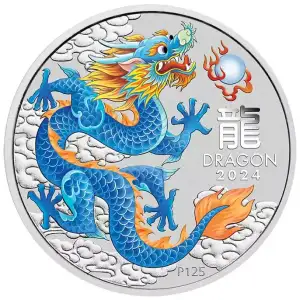 2024 1oz Australia Perth Mint Lunar Series III - Year of the Dragon - Blue Dragon .9999 Silver Coloured Coin (4)