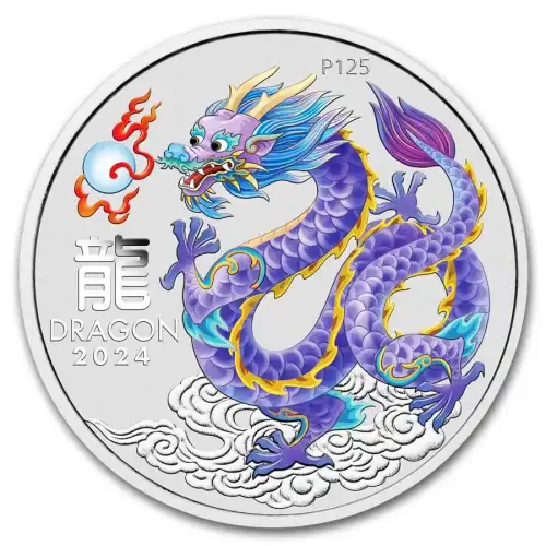 2024 1oz Australia Perth Mint Lunar Series III - Year of the Dragon - Lilac Dragon .9999 Silver Coloured BU Coin (2)