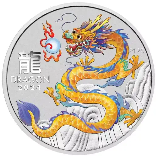 2024 1oz Australia Perth Mint Lunar Series III - Year of the Dragon - Yellow Dragon .9999 Silver Coloured Coin (5)