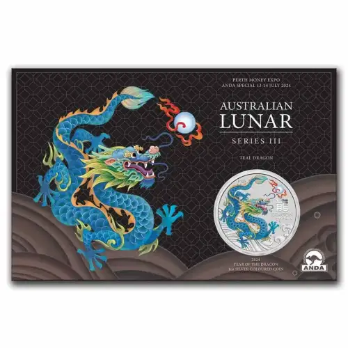2024 1oz Australia Perth Money Lunar Series III - Teal Dragon colorized .9999 Silver Coin in Special ANDA Assay Card (4)