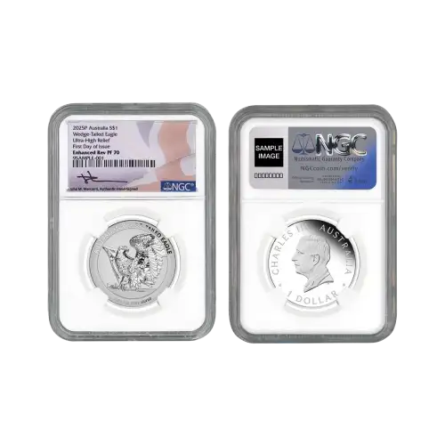 2025 1oz Australia Perth Mint Wedge Tailed Eagle UHR NGC Enhanced Rev PF70 FDOI Mercanti signature