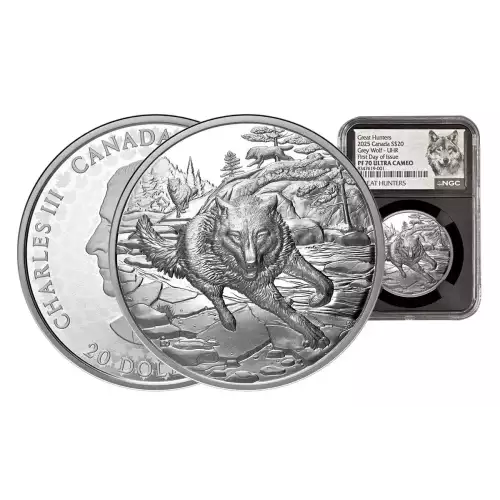 2025 Canada 1oz Silver Great Hunters Wolf UHR Proof NGC PF70 UC FDOI w/ Black Core & Wolf Label (4)