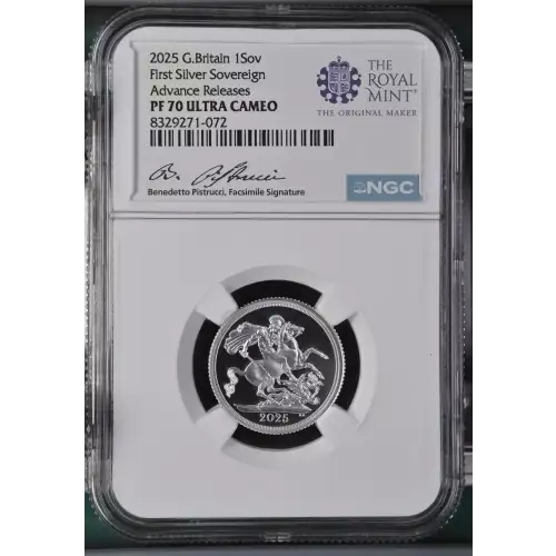 2025 Royal Mint Proof Sovereign .999 Silver Coin - NGC PF70 Advanced Release Signed (2)