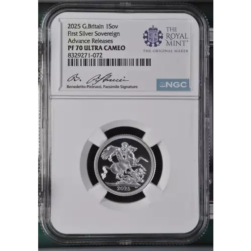 2025 Royal Mint Proof Sovereign .999 Silver Coin - NGC PF70 Advanced Release Signed (2)