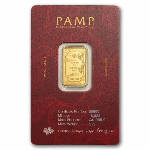 2026 5 gram PAMP Suisse Good Luck Pheonix .9999 Gold Bar in Assay