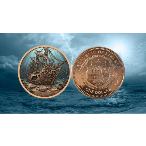 2026 5 oz Liberia Shipwreck Colorized .999 Copper Coin in Capsule