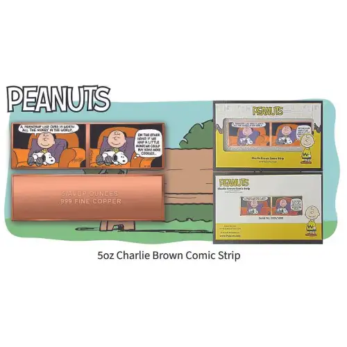 2026 5oz Charlie Brown Comic Strip .999 Colorized Copper Bar in Display Box