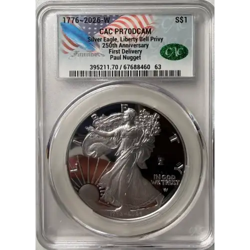 2026 American Silver Eagle Proof Liberty Bell Privy CACG PR70 First Delivery - Founders Label Paul Nugget signed
