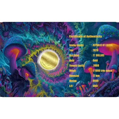 2026 Liberia Magic Mushroom 1/1000 oz .9999 Gold Coin in Card (2)