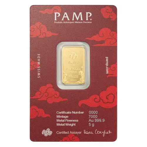 5 gram PAMP Suisse Good Luck Yellow Dragon .9999 Gold Bar in Assay (2)