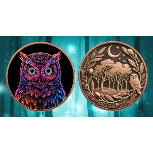 5oz Mystic Night Owl Colorized .999 Copper Round in Capsule