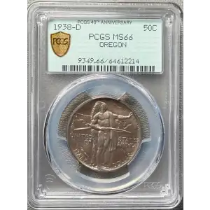 1938-D Oregon Trail Memorial Silver Half Dollar PCGS MS66 - Original holder PCGS 40th Anniversary