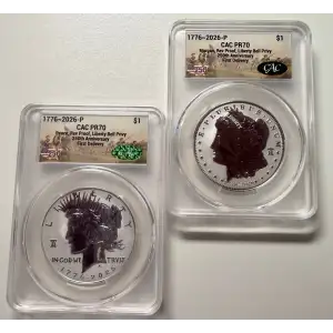 1776 ~ 2026-P US Mint Morgan & Peace Dollar Set Reverse Proof CACG PR70 First Delivery Liberty Bell Privy USA 250 Battlefield Label