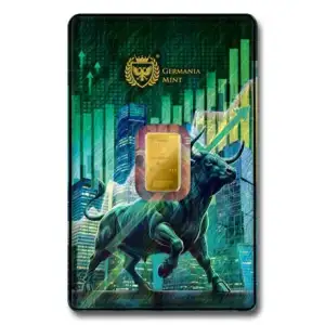 1g Germania Mint Bull and Bear .9999 Gold Bar in Assay Card
