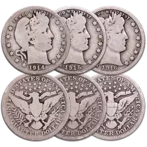 US 90% Silver Coinage - Pre 1965 - Barber Quarters 